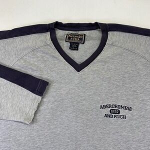 Abercrombie & Fitch Mens Long Sleeve Large Ribbed‎ V Neck Gray Blue Striped Y2k